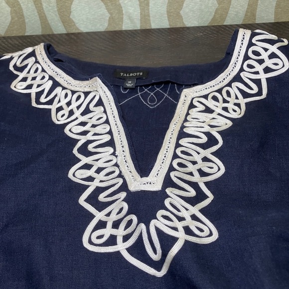 Talbots Linen Tunic Top Navy Blue White Embroidered Long Sleeve Boho Chic Size M - Picture 7 of 7
